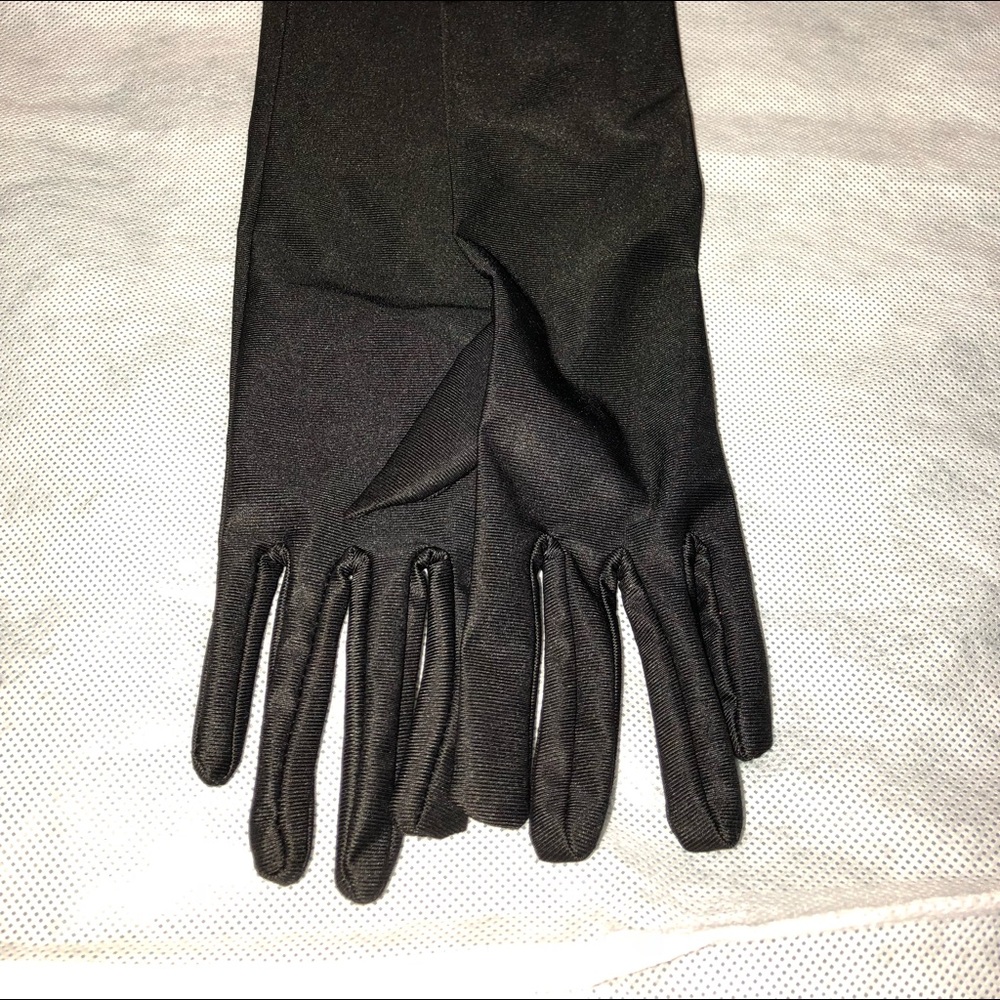 Elbow length black satin gloves